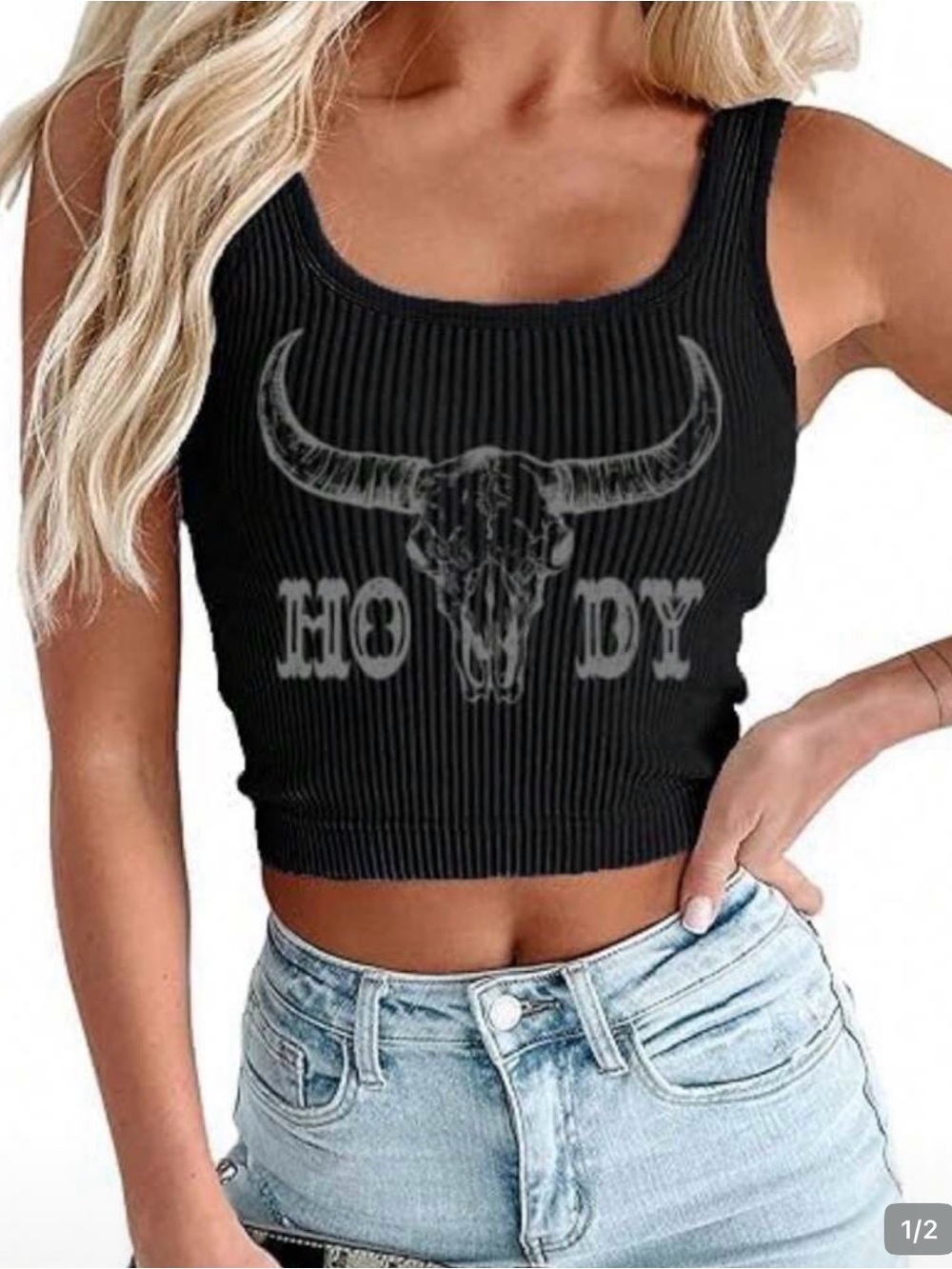 SHEIN Black Ribbed Crop Tank Top with Gray Longhorn 'HOWDY' Graphic
